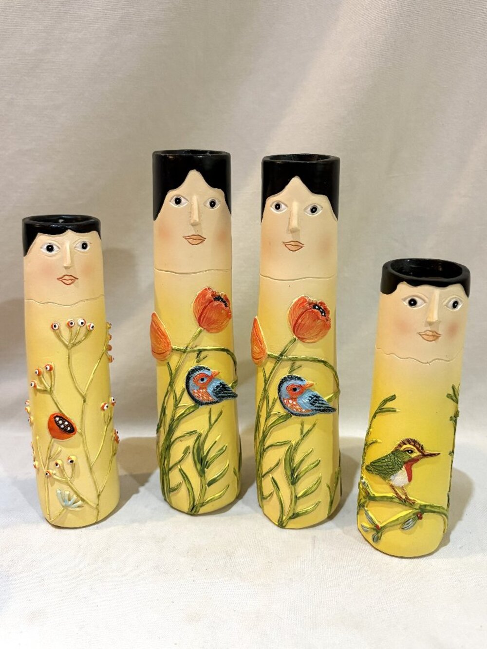 Set of 4 Spring Family Resin Bud Vases Yellow Bird Floral Boho Style